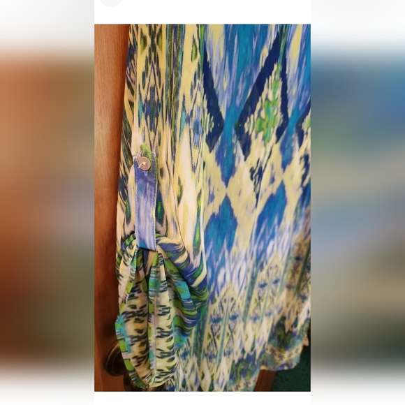 Chico's Sheer Ikat Breeze Duster Roll-tab Sleeve sz L/XL.  NWOT - Picture 4 of 6
